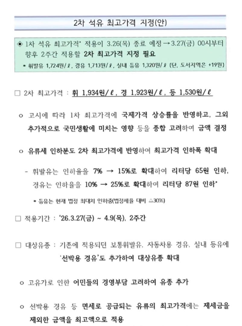2차 석유 최고가격제 고시 떴습니다 이미지 1/1