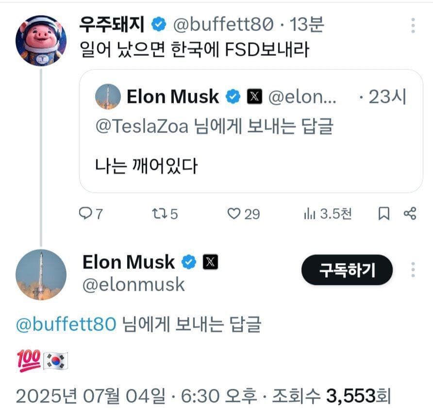 테슬라 CEO 일론머스크 한국 FSD 언급 이미지 1/1
