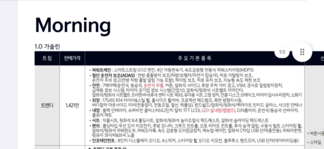 2027년형 기아 모닝 가격표 입니다 이미지 1/6