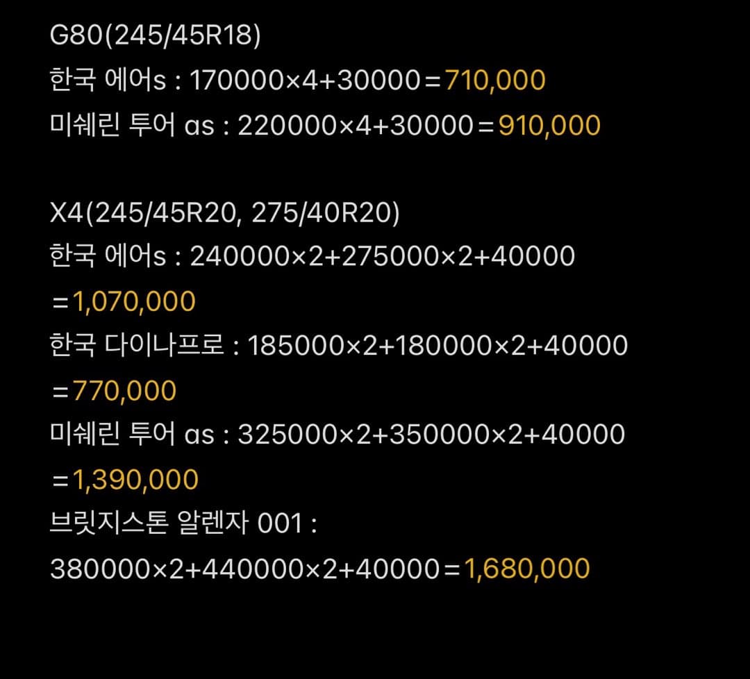차량 2대 타이어 추천 부탁드려요 이미지 1/1