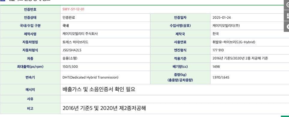 토레스 하이브리드 인증 완료 이미지 1/1