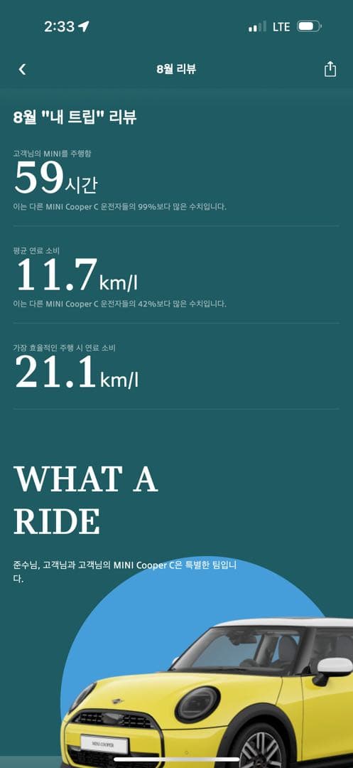 미니 8월달 연비 리포트.. 이미지 1/1